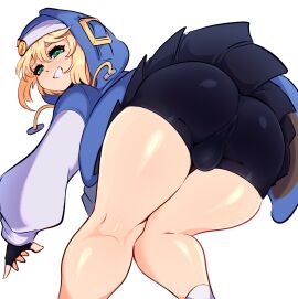 1boy apple_butt arc_system_works ass ass_focus backsack balls ballsack bent_over big_ass bike_shorts blonde_hair blushing bridget bulge citez crossdresser crossdressing crossdressing_male curvy_figure femboy green_eyes grin guilty_gear guilty_gear_strive legs_together long_sleeves male male_focus male_only penis short_hair skirt small_penis small_waist solo spats thick_thighs upskirt white_background wide_hips