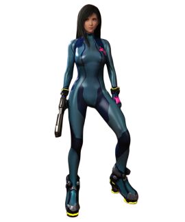 1girls 3d alternate_version_at_source black_hair blue_bodysuit bodysuit breasts cosplay female female_only final_fantasy final_fantasy_vii hfstime holding holding_object holding_weapon metroid nintendo samus_aran samus_aran_(cosplay) solo square_enix tifa_lockhart zero_suit_samus_(cosplay)