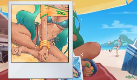 2girls anklet aqua_bikini aqua_hair argentina argentinian_miku artist_logo artist_name barefoot beach_chair beach_towel bikini blurry blurry_background boombox bracelet brazil brazilian_flag brazilian_miku breasts clothes_lift collarbone crop_top day feet green_nails hatsune_miku highleg highleg_bikini jewelry logo long_hair micro_bikini mohoshadream multiple_girls nail_polish outdoors photo_(object) shirt shirt_lift short_sleeves side-tie_bikini_bottom sitting spread_toes sweat swimsuit tan toenail_polish toenails toes towel twintails underboob very_long_hair vocaloid worldwide_miku yellow_nails yellow_shirt
