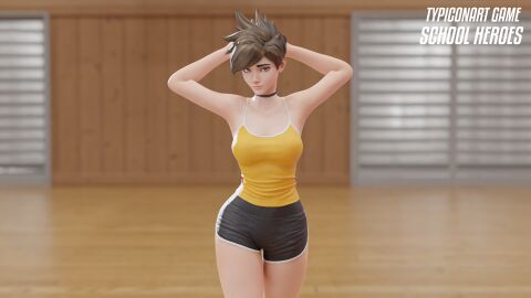 3d 3d_(artwork) ass big_ass big_breasts blender blender_(software) blender_cycles breasts female gym gym_uniform hands_behind_head naughty naughty_face outfit overwatch overwatch_2 shirt shorts smile solo solo_female thighs tracer trainer training typiconart video_games walking