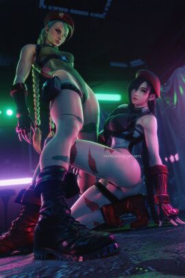 2girls 2women 3d 3d_(artwork) 3d_model black_hair blonde_hair blue_eyes cammy_white cammy_white_(cosplay) capcom cosplay crossover crossover_cosplay duo duo_female duo_focus female female/female female_human female_only final_fantasy final_fantasy_vii final_fantasy_vii_remake indoors red_eyes ria-neearts square_enix street_fighter street_fighter_6 tifa_lockhart viewed_from_below