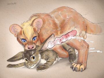 anal anal_sex anatomically_correct anatomically_correct_genitalia animal_genitalia animal_penis balls bite blue_eyes bodily_fluids brown_body cum cum_in_ass cum_inside digital_media_(artwork) duo ejaculation erection euplerid feral fossa fossa_penis fur genital_fluids genitals hair hi_res lagomorph leporid male male/male male_penetrated male_penetrating male_penetrating_male mammal markings open_mouth orange_body penetration penile penis precum rabbit scruff_bite sex shaded signature size_difference tail tailbyte x-ray_view yellow_eyes