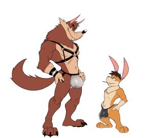 2024 2boys anthro anthro_on_anthro big_bulge billy_buns buckteeth bulge canid canine canis claws clothing duo eyebrows fangs fur hair hands_on_hips hank_howell_(piti_yindee) harness hi_res jockstrap lagomorph leather leporid looking_at_another male male/male male_only mammal muscular muscular_anthro muscular_male narrowed_eyes navel plantigrade predator/prey rabbit sabertooth_(anatomy) seyrmo simple_background size_difference smile standing teeth thong toony tuft underwear white_background wolf wristband