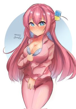 1girls 5_fingers artist_name big_breasts blue_bra blue_eyes blush bocchi_the_rock! bra breasts breasts_too_big cleavage female female_focus gotou_hitori inconvenient_boobs inconvenient_breasts komeji_nouzy long_hair pulling_down_shirt solo_female strained_zipper struggling_to_fit wardrobe_malfunction zipper zipper_malfunction zipper_stuck zipper_wont_zip zipping