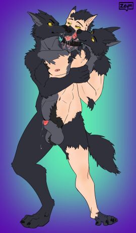 2023 4_toes 5_fingers abs animal_genitalia animal_penis anthro arm_grab arm_tuft artist_logo athletic athletic_anthro athletic_human athletic_male balls balls_tuft black_body black_claws black_fur black_hair black_lips black_nose bodily_fluids canid canid_demon canine canine_genitalia canine_penis canis cerberus cheek_tuft chin_tuft claws collar collar_only countershading crotch_tuft curled_fingers dazed demon dewclaw digitigrade dripping drooling ears_back ejaculation elbow_tuft european_mythology eye_contact face_lick facial_tuft fangs feet finger_claws fingers flat_colors fluffy fluffy_tail fur fur_growth fur_hair genital_fluids genitals greek_mythology green_background grey_body grey_fur growth hair hair_to_fur half-closed_eyes head_tuft hellhound hi_res human human_to_anthro inner_ear_fluff leaking_precum licking licking_mouth lips logo looking_at_another looking_pleasured male mammal mane mid-transformation multi_head multicolored_body multicolored_fur mythological_canine mythological_creature mythology narrowed_eyes nipples nude open_mouth partially_retracted_sheath paws pecs penis penis_tip pink_nipples pink_penis pivoted_ears plantigrade_to_digitigrade precum precum_drip purple_background saliva self_lick sharp_teeth sheath signature simple_background snaggle_tooth snout snout_growth solo species_transformation spiral_eyes standing sunburst_background tail teeth toe_claws toes tongue transformation tuft two-tone_body two-tone_fur werecanid werecanine werecreature werewolf wolf yaoi yellow_eyes yellow_sclera zeym