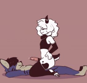 anal anal_sex animated anthro bodily_fluids bouncing bouncing_penis bovid caprine clothing cowgirl_position divucup duo from_front_position genital_fluids genitals goat grin heart_symbol horn legwear low_res male male/male mammal on_bottom on_top penetration penis precum sex short_tail smile tail thigh_highs