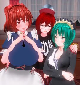 3d 3girls breasts chinkaigyogyo eiki_shiki female hecatia_lapislazuli komachi_onozuka large_breasts red_eyes red_hair smile touhou yuri