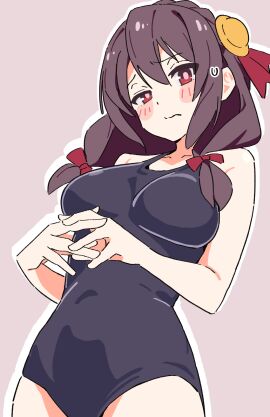 1girls absurd_res absurdres bikini black_bikini black_one-piece_swimsuit black_swimsuit black_swimwear blush blush_face blush_lines blushed_face blushing_at_viewer blushing_face blushing_female breasts brown-haired_female brown_background brown_eyebrows brown_hair busty busty_female busty_teenager cleavage collarbone dot_nose elbows embarrassed embarrassed_exposed_female embarrassed_expression embarrassed_female eyebrows_visible_through_hair female female_focus female_only fingernails fingers hair_between_eyes hair_ornament hair_ornaments hair_ribbon hair_tie high_resolution highres kono_subarashii_sekai_ni_shukufuku_wo! large_breasts lean_figure light-skined_female light-skinned_female light_skin long_hair looking_at_viewer looking_down looking_down_at_viewer narrow_waist nervous nervous_face nervous_female noyama_takenoko one-piece_swimsuit red-eyed_female red_eyes red_hair_ribbon red_hair_tie red_ribbon ribbon schoolgirl shoulders shy shy_expression simple_background slender_body slender_waist slim_female slim_waist smooth_skin solo standing swimsuit swimwear teenage_female teenager thin_waist twintails twintails_(hairstyle) underboob upper_body wide_hips yunyun_(konosuba)