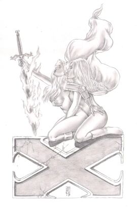 2girls black_and_white breasts demon demon_girl emma_frost female female_only gene_espy hellfire_club large_breasts licking licking_ear magik_(illyana_rasputin) marvel marvel_comics nipples nude nude_female older_dom_younger_sub traditional_art traditional_media_(artwork) white_queen x-men yuri