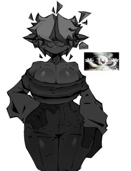big_breasts black_body black_hair breasts ewe female furry hidden_eyes huge_breasts huge_thighs oc original original_artwork original_character sheep sheep_girl smile xexeezy