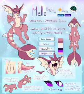 absurd_res animal_genitalia anthro eeveelution english_text fan_character fusion generation_1_pokemon genitals gyarados hi_res male mello_(titallulah) model_sheet nintendo penis pink_body pokemon pokemon_(species) pokemon_fusion shiny_pokemon slit_penis solo text titallulah vaporeon
