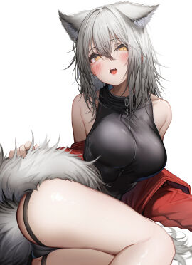 2024 absurd_res animal_humanoid arknights blush breasts camel_toe cameltoe canid canid_humanoid canine canine_humanoid female grey_hair hair hi_res humanoid hypergryph looking_at_viewer mammal mammal_humanoid open_mouth projekt_red_(arknights) pussy simple_background solo studio_montagne tab_head white_background wolf_humanoid yellow_eyes