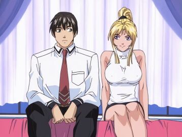 1boy 1girls 2001 animated arm_support bed bible_black bible_black_night_of_the_walpulgiss blonde_hair breasts brown_hair drink female green_eyes high_ponytail large_breasts legs long_hair minase_taki moving necktie ponytail purple_eyes saeki_kaori school_uniform short_hair skirt sleeveless smile tagme thighs