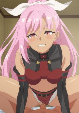 1boy absurdres bare_shoulders breasts dark-skinned_female dark_skin earrings elbow_gloves female fur-trimmed_shorts fur_trim gloves heart heart_earrings highres indoors jewelry liz_smart long_hair looking_at_viewer midriff nageki_no_bourei_wa_intaishitai navel pink_eyes pink_hair red_shorts rikka_(rikkaarts) sex shorts slit_pupils small_breasts smile solo_focus spread_legs vaginal_penetration