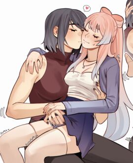 286456006 2girls arm_around_neck bare_arms black_nails black_pants blue_hair blush breasts closed_eyes closed_mouth commentary female fingering fishemoji genshin_impact grabbing_another's_breast gradient_hair groping hashtag-only_commentary heart jewelry kissing kissing_cheek kujou_sara long_hair multicolored_hair multiple_females multiple_girls necklace panties pants paw_(286456) pink_hair purple_hair purple_panties purple_skirt red_shirt sangonomiya_kokomi shirt short_hair simple_background sitting sitting_on_lap sitting_on_person skirt sleeveless sleeveless_shirt spoken_heart sweatdrop thighhighs underwear white_background white_shirt white_thighhighs wholesome yuri