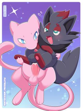 2boys absurd_res anal anal_sex animal_genitalia animal_penis ass blush bodily_fluids cum cum_in_ass cum_inside duo gay generation_1_pokemon generation_5_pokemon genital_fluids genitals hi_res legendary_pokemon looking_pleasured male male/male male_only male_penetrated male_penetrating male_penetrating_male male_zorua mew mew_(pokemon) nikkibunn nintendo no_humans nude open_mouth penetration penis pokemon pokemon_(species) sex sweat sweatdrop text tongue tongue_out url zorua