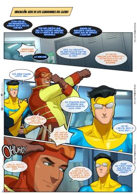 brown_body brown_skin comic comic_page gay green_eyes invincible invincible_(superhero) invincible_(tv_series) male male_only mark_grayson muscular muscular_male nytnyte rroseober spanish_dialogue spanish_text spanish_translation superhero superhero_costume tan_skin translated