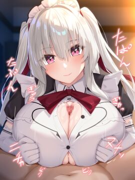 1boy ahoge apron black_dress blush breasts censored closed_mouth dress elbow_gloves ezaki_iroha female fumizuki_homura gloves large_breasts looking_at_viewer maid male mosaic_censoring paizuri paizuri_under_clothes pink_eyes precum smile solo_focus sweet_home_maid twintails white_apron white_gloves white_hair