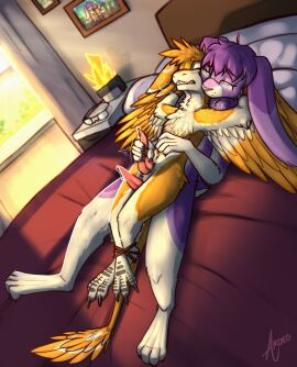 2024 5_fingers anthro anthro_on_anthro ardeo avali bed bedroom bedroom_sex bodily_fluids bondage bound claws clenched_teeth closed_eyes curling_toes digital_media_(artwork) dominant dominant_male dripping duo end_table eyewear eyewear_only feather_hair feathered_wings feathers feet fingers fluffy fur furniture genital_fluids genitals glasses glasses_only hair handjob hands_behind_head hands_tied hi_res high-angle_view interspecies jere kissing_neck lagomorph lamp legs_tied leporid light lying lying_on_another lying_on_bed male male/male mammal nude nude_anthro on_back on_bed penile penis precum precum_drip pseudo_hair purple_body purple_fur rabbit sex size_difference smaller_male submissive submissive_male sunlight tail tail_feathers tapering_penis teasing teeth thigh_sex thistle_(thistlebunny) toe_claws toes wearing_glasses white_body white_feathers white_fur window wings yellow_body yellow_feathers