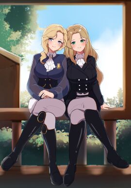 2girls alternate_costume artist_request ascot azur_lane black_boots black_jacket blonde_hair blue_eyes blue_jacket boots breasts commentary commission crossed_legs earrings english_commentary erushira female frilled_ascot frills full_body green_eyes hair_ribbon highres hood_(azur_lane) hood_(gentlewoman_and_stallion)_(azur_lane) jacket jewelry knee_boots large_breasts long_hair long_sleeves looking_at_viewer mole mole_on_cheek multiple_females multiple_girls no_headwear official_alternate_costume original original_character own_hands_together pants pants_tucked_in ribbon riding_boots riding_outfit royal_navy_emblem_(azur_lane) side-by-side sitting smile vgen_commission white_pants