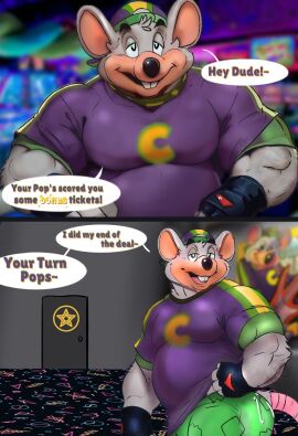 1boy 2025 anthro arcade ass backwards_baseball_cap bara belly big_ass big_butt cafeaubandage chubby chubby_belly chubby_male chuck_e_cheese chuck_e_cheese_(franchise) comic dialog dialogue digital_art digital_drawing_(artwork) digital_media_(artwork) dilf furry furry_male gay green_shorts grey_fur inviting_to_sex male mascot mouse murid muscles muscular muscular_male yaoi