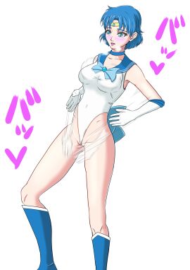 1girls ami_mizuno armpits ass between_labia bishoujo_senshi_sailor_moon blue_eyes blue_hair blush brainwashing breasts clothing eromonsterbox21 female haigure highleg_leotard leotard no_skirt sailor_mercury sailor_senshi_uniform simple_background small_breasts solo thighs translation_request wide_hips