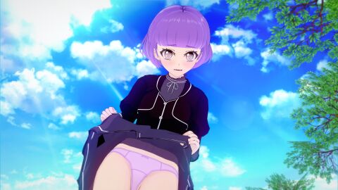 1girls female hi_res highres himitsu_no_aipri koikatsu koikatsu_(medium) light-skinned_female light_skin mamiya_chii panties pretty_series purple_eyes purple_hair purple_panties school_uniform skirt_lift solo syn_sophia takara_tomy yuiaka