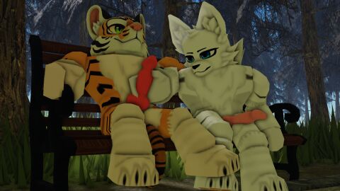 2boys 3d 3d_render animal_ears animal_genitalia animal_penis anthro balls bench consensual day dick forest fur furry gay hand_on_penis handjob highres jerkingoff_another male male_only original_character penis public roblox robloxian tiger tinkerred variant white_body white_fur woods yellow_body yellow_fur