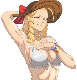 2d armpits arms_up bikini blonde_hair breasts busty capcom drill_hair female female_focus female_only karin_kanzuki looking_at_viewer octavius_dp street_fighter sweat