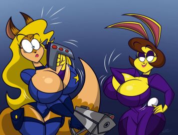 2024 2girls 4_fingers ass big_ass big_breasts blaster blonde_hair blue_eyes breasts brown_hair bunny bunny_girl canine canine_humanoid caramel_(iamsum) character_request comedy female fox fox_girl funny green_eyes gun humor iamsum lagomorph lagomorph_humanoid light_brown_body light_brown_fur lipstick pink_lipstick rabbit rabbit_girl samperez tagme thick_thighs yellow_body yellow_fur