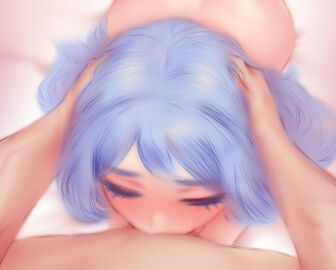 1boy 1girls all_fours balls balls_deep balls_deep_fellatio blowjob blue-haired_female blue_hair boku_no_hero_academia closed_eyes deepthroat fellatio female female_human femsub hado_nejire hadou_nejire head_hold highres human light-skinned_female light_skin long_hair male my_hero_academia nejire_hado oral pov shpo solo_focus straight