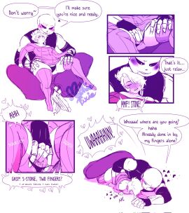 1boy 1girls 2d bigger_male blush comic english_text falling female fingering heart human human_female humanoid male moaning mothiepixie no_pants oc pussy pussy_juice rubbing_pussy sans sans_au sex size_difference skeleton smaller_female talking text undertale undertale_(series) undertale_au
