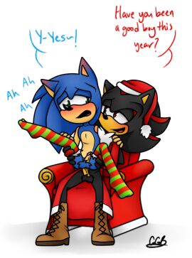 anal anal_sex anthro balls blush boots chair chair_position christmas christmas_clothing christmas_headwear clothed clothing costume dialogue digital_media_(artwork) duo english_text erection eulipotyphlan fingers footwear from_behind_position fur furniture genitals gottagoblast gottagoblastnsfw green_eyes hair hat headgear headwear hedgehog holidays humanoid_genitalia humanoid_penis legwear male male/male male_penetrated male_penetrating male_penetrating_male mammal open_mouth penetration penile penile_penetration penis plant santa_costume santa_hat sega sex shadow_the_hedgehog simple_background sitting smile socks sonadow sonic_(series) sonic_the_hedgehog sonic_the_hedgehog_(series) spread_legs spreading tail text topwear