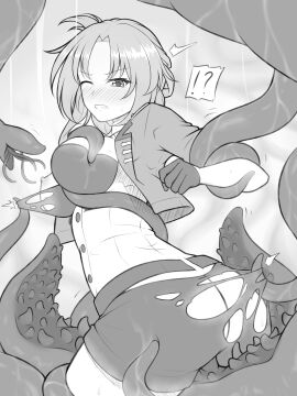 !? absurdres ass blush breasts female glaring gloves greyscale guardian-panda highres honkai_(series) honkai_impact_3rd jacket large_breasts monochrome murata_himeko murata_himeko_(battle_storm) no_panties one_breast_out one_eye_closed scowl shorts solo stripped_by_tentacles tentacle tentacle_around_arm tentacle_on_breast tentacle_sex torn_clothes torn_shorts