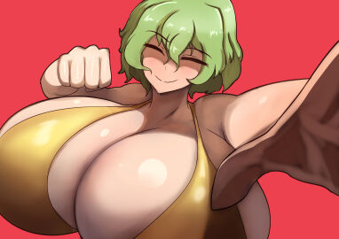 1girls big_breasts bra breasts closed_eyes female green_hair huge_breasts light-skinned_female light_skin mature_female milf smile smiling smiling_at_viewer threatening_viewer touhou yuka_kazami