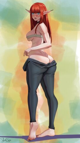 ass ass_cleavage atlus barefoot blue_eyes breast_wrap breast_wrapping breasts chest_wrap chest_wrapping chest_wraps choker eiselin_hulkenberg elf_ears feet female female_only hulkenberg looking_back metaphor:_refantazio no_shoes no_socks pants red_hair red_nails sega side_bangs strictlyserge tiptoes tomboy toned toned_body toned_female voluptuous voluptuous_female wrapped_breasts wrapped_chest