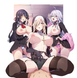 1boy 3girls :d :o arm_under_breasts arrogant bare_shoulders black_garter_belt black_garter_straps black_gloves black_hair black_panties black_skirt black_thighhighs blonde_hair blue_eyes blue_panties blush breasts breasts_out cameltoe collared_shirt cowgirl_position cross cross_necklace elbow_gloves female garter_belt garter_straps gloves hair_between_eyes hair_over_one_eye hand_up jewelry large_breasts latin_cross long_sleeves looking_at_viewer male merchandise_available multiple_females multiple_girls necklace nipples nun one_eye_covered open_mouth original panties pleated_skirt punopupupu purple_eyes purple_panties pussy puuzaki_puuna school_uniform shirt skirt smile thighhighs thighs underwear white_hair white_shirt white_thighhighs yellow_eyes
