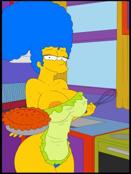 1girls 20th_century_fox 20th_century_studios accurate_art_style apron blue_hair breasts croc_(artist) eyelashes female female_only food green_apron hourglass_figure human indoors kitchen looking_at_viewer marge_simpson milf nipple_slip nipples pie pubic_hair smile solo solo_female the_simpsons voluptuous voluptuous_female window yellow_body yellow_skin