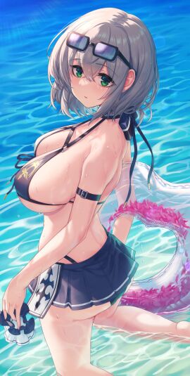 arm_strap bare_legs barefoot bikini bikini_skirt blue_bikini blue_skirt blush breasts crossed_bangs eyewear_on_head female from_side green_eyes grey_hair hair_between_eyes highres holding hololive hololive_fantasy hololive_japan innertube kneeling large_breasts looking_at_viewer looking_to_the_side makamati outdoors parted_lips shirogane_noel shirogane_noel_(summer_2020) short_hair skirt solo string_bikini sunglasses swim_ring swimsuit virtual_youtuber water wavy_hair wet white_bikini