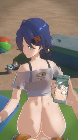 1080p 1boy 3d animated ass beach belle_(zenless_zone_zero) blue_hair bottomless clothed_sex crop_top doggy_style female from_behind holding incest loop off_shoulder outdoors penetration penis phone pov see-through sex sex_from_behind shirt short_hair short_sleeves solo_focus sound stkadachi straight tagme video wise_(zenless_zone_zero) zenless_zone_zero