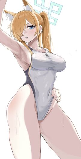 1girls absurdres adjusting_clothes adjusting_swimsuit animal_ear_fluff animal_ears armpits blonde_hair blue_archive blue_eyes blue_halo breasts chan_ye2 competition_swimsuit covered_navel cowboy_shot dog_ears dog_girl female hair_over_one_eye halo highleg highleg_one-piece_swimsuit highres kanna_(blue_archive) kanna_(swimsuit)_(blue_archive) large_breasts long_hair looking_at_viewer multi_ear notched_ear official_alternate_costume one-piece_swimsuit ponytail presenting_armpit revision sharp_teeth simple_background solo swimsuit teeth white_background white_one-piece_swimsuit