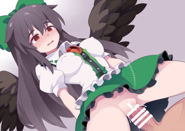 1boy bar_censor black_hair black_wings blush bow breasts censored clothed_female_nude_male commentary_request covered_nipples cowgirl_position female green_bow green_skirt hairbow hammer_(sunset_beach) long_hair male medium_breasts nude penis pussy red_eyes reiuji_utsuho sex shirt skirt straddling straight sweat touhou vaginal_penetration white_shirt wings