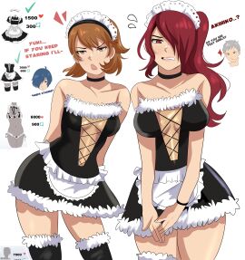 2girls akihiko_sanada atlus big_breasts blue_hair breasts brown_hair choker embarrassing_outfit english_text female hair_over_one_eye karbuitt looking_at_viewer maid_bikini maid_headdress maid_outfit makoto_yuki mitsuru_kirijo persona persona_3 persona_3_reload red_hair stockings trying_on_clothes twitter_strip_game_(meme) white_background white_hair yukari_takeba