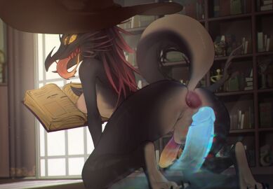 2021 all_fours anthro anus ass backsack balls ballsack big_penis book breasts claws clothing disembodied_penis dragon duo erection feet futa/male futanari gaping gaping_anus genitals hair hat headgear headwear hi_res intersex intersex/male long_tongue magic male medium_breasts monster multi_eye mythological_creature mythological_scalie mythology nipples nude penis pita_potato rear_view scalie summoning tail tongue translucent translucent_penis vein veiny_penis