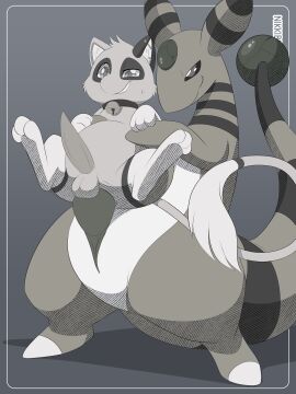 absurd_res ampharos anal anal_sex anthro balls bell bell_collar belly big_dom_small_sub black_and_white collar dominant duo ear_piercing feral generation_1_pokemon generation_2_pokemon genitals held_up hi_res industrial_piercing legendary_pokemon looking_pleasured male male/male markings mei_the_mew mew_(pokemon) monochrome nikkibunn nintendo paws penetration penis piercing plasma_(plasma_dragoon) pokemon pokemon_(species) sex size_difference tail tapering_penis