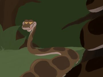 after_vore ambiguous_gender ambiguous_prey anthro bodily_fluids breasts coiling drooling duo female feral forest forked_tongue grass happy hi_res humanoid jungle kaa_(jungle_book) licking licking_lips looking_at_another male male/female plant predator/prey python reptile saliva scalie snake snotnosedhound stomach_bulge the_jungle_book tongue tongue_out tree unfinished vore vore_belly