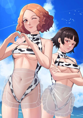 2girls absurdres animal_print apron bikini blue_eyes braid breasts brown_hair cow_print cow_print_bikini crossed_arms crown_braid female haru_okumura heart heart_hands highres ikhwan_maulana makoto_niijima medium_breasts one-piece_swimsuit one_eye_closed outdoors persona persona_5 print_bikini red_eyes revealing_clothes see-through_apron see-through_clothes short_hair swimsuit