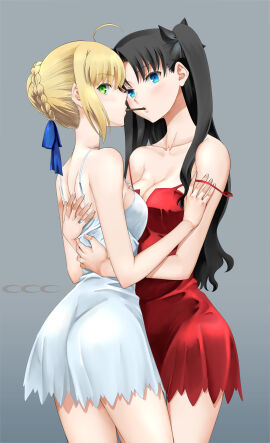 2girls artist_logo artoria_pendragon ass bare_shoulders black_hair blonde_hair blue_eyes blush braid breast_to_breast breasts camisole clothed fate/stay_night fate_(series) female food green_eyes grey_background hair_ornament hair_tie hand_on_another's_arm hands_around_waist hands_on_back highres hug hugging long_hair medium_breasts multiple_females multiple_girls pocky pocky_in_mouth pocky_kiss red_camisole saber shared_food shirotsumekusa short_hair simple_background sleepwear standing strap_slip symmetrical_docking tohsaka_rin type-moon white_camisole yuri