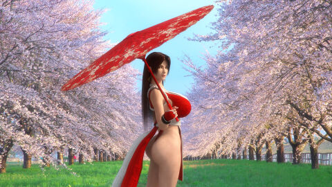 3d asian asian_female ass ass_focus blue_sky breasts brown_eyes brown_hair cherry_blossoms day daytime dead_or_alive fatal_fury female grass huge_ass huge_breasts japanese_clothes king_of_fighters large_ass large_breasts long_hair looking_at_viewer mai_shiranui milf showing_off sky thick_ass thick_thighs trees umbrella voluptuous voluptuous_female
