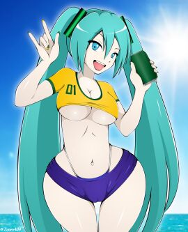 1girls beach blue_eyes blue_hair brazil brazilian brazilian_female brazilian_miku clothed clothing crop_top cyan_eyes cyan_hair female hatsune_miku holding_object jersey light-skinned_female light_skin looking_at_viewer painted_nails pierced_belly_button piercing pov pov_eye_contact short_shorts shorts sky soccer_jersey solo solo_female solo_focus thong twintails vocaloid watermark wide_hips zonen404